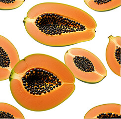Ripe papaya halves, floating, black background, food design
