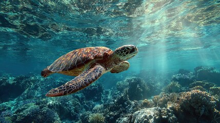 Fototapeta premium A turtle swims over a coral reef, sunlight streaming through the water's surface and creating the illusion of being in the ocean
