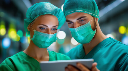 A female doctor and male surgeon reviewing tablet information in a modern hospital corridor near ICU units, healthcare professionals digital teamwork, hospital corridor tablet, doc