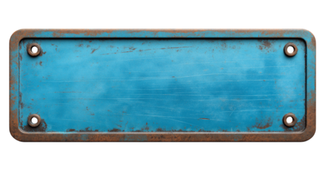 Rusty blue metal license plate with screw holes weathered isolated on a transparent background