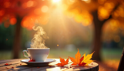 cup of hot drink with steam on a wooden outdoor table. Cozy autumn morning or afternoon in a cafe. Fall season still life