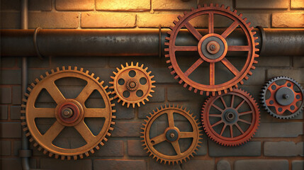 Fototapeta premium Steampunk gears and cogs mounted on a brick wall