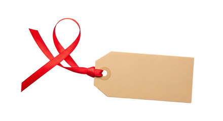 Blank gift tag with red ribbon isolated on transparent background, ready for your message