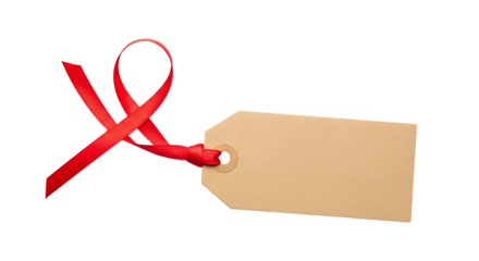 Blank gift tag with red ribbon isolated on transparent background, ready for your message