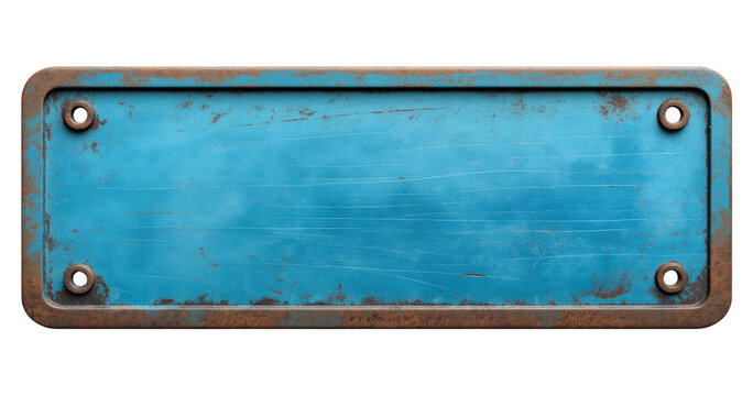 Rusty blue metal license plate with screw holes weathered isolated on a transparent background
