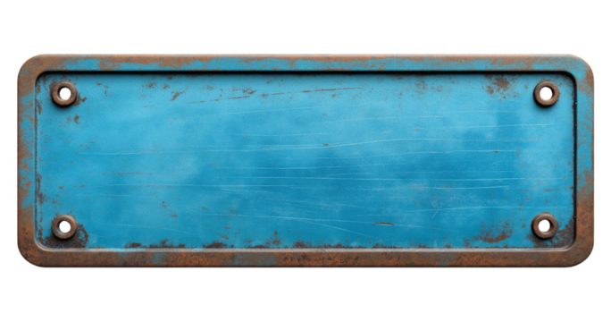 Rusty blue metal license plate with screw holes weathered isolated on a transparent background