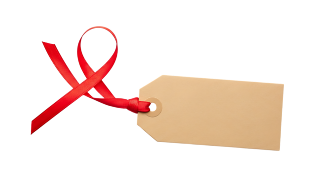 Blank gift tag with red ribbon isolated on transparent background, ready for your message