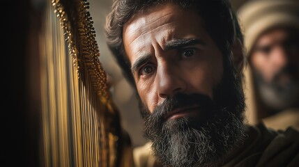 David plays the harp before King Saul by candlelight, filling the room with music that soothes, inspires, and conveys devotion, skill, and heartfelt artistry.