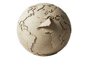 Paper Earth globe; crumpled beige recycled continents, artisanal oceans. Peeled section reveals fibers, isolated on transparent, raking light. Concept of meticulous artistry and eco-design.