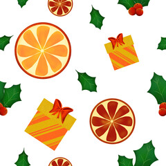 Orange and grapefruit slices, gift box in seamless pattern. Illustration hand drawn. For Christmas and New Year presents, holiday decoration, sticker packs,, cards and clip art, scrapbooking paper