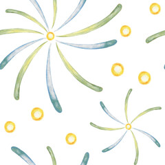 Firework elements and flashes in seamless pattern. Lantern festival, mid autumn Watercolor illustration. For tea party design, travel books and maps, greeting cards, clip art, stickers. Asian tourism