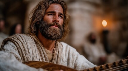David plays the harp before King Saul by candlelight, filling the room with music that soothes, inspires, and conveys devotion, skill, and heartfelt artistry.