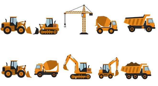 Comprehensive collection of heavy construction vehicles and machinery set for various building projects, featuring excavators, bulldozers, dump trucks, cement mixers, and a towering crane illustration