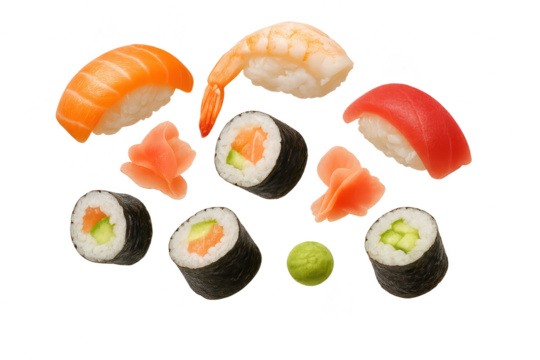 Delicious assorted sushi pieces isolated on transparent background, close up