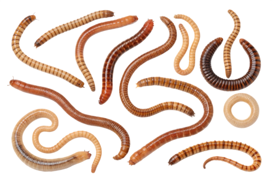 Collection set of worms isolated on transparent or white background, png