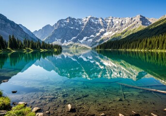 Mountain Lake With Perfect Mirror Reflection of Snowy Peaks and Crystal Clear Water