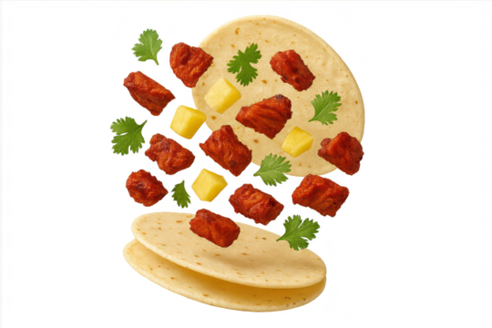 Tacos al pastor ingredients isolated on transparent background, delicious, colorful