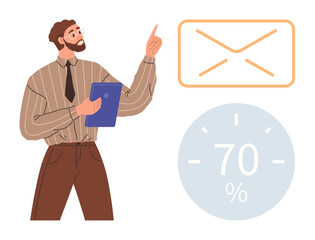 Man holding notebook, pointing to email icon and 70 progress indicator. Ideal for communication, email analytics, presentation, data tracking, efficiency, productivity remote work. Clean simple