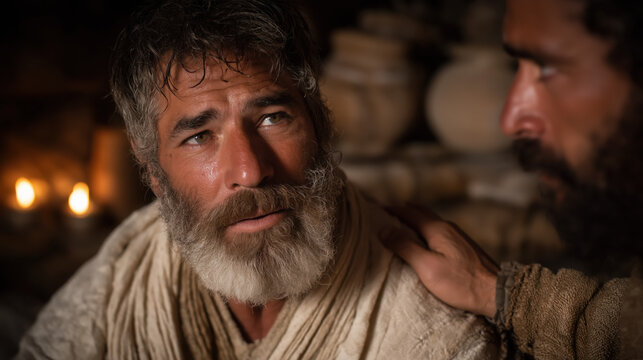 David gives his final words to Solomon in a candlelit room, hand on his son’s, imparting wisdom, blessing, and guidance for a faithful and righteous reign..