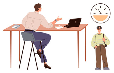 Mentor explaining at desk with laptop, as student listens nearby. Ideal for time management, education, mentorship, coaching, guidance, professional advice career growth. Simple flat metaphor