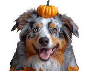 A happy australian shepherd dog with a pumpkin on its head, isolated on transparent background the dog is smiling and looks adorable, perfect for autumn or halloween