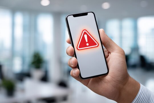 A hand holds a smartphone displaying a prominent red warning sign with an exclamation mark against a blurred office background, indicating an alert.