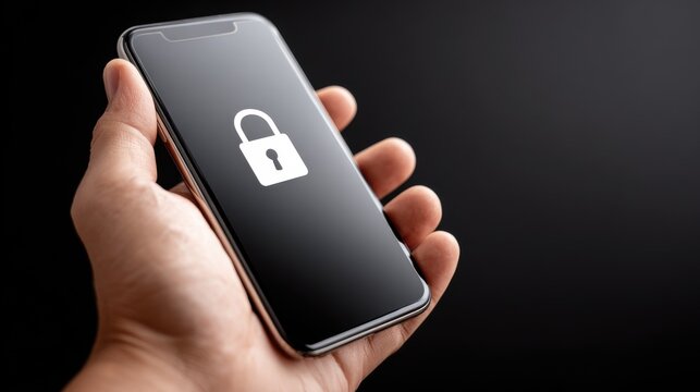 A hand holds a modern smartphone displaying a prominent white padlock icon on its dark screen, symbolizing digital security and data protection.