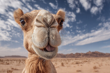 Close up of a camel in the desert sticking its tongue out funny face