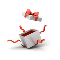 Obraz na płótnie Canvas White present box with red inside product display mock up showcase open or blank white gift box with red ribbons and bow isolated on white background with shadow creative idea concept 3D rendering