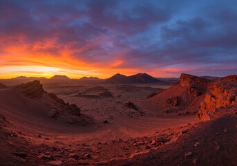 Naklejka premium Vast Volcanic Desert Plain Glowing with Red Rock Formations at Twilight