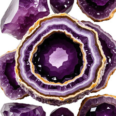 Close-up of amethyst geode slices.  Purple, gold, crystal, layers, intricate