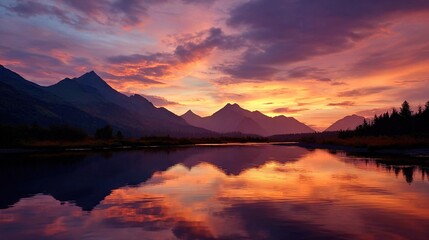 Fototapeta premium A stunning sunset on a tranquil lake reflects the radiant sun onto the calm water while wispy clouds adorn the sky above