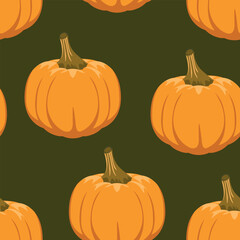Seamless pattern of glowing halloween pumpkins on COLOR background. Scary and funny faces. Cute Pumpkin or ghost. Vector autumn holidays illustration.