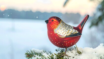 Festive winter bird perched on snowy branch