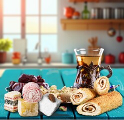 Traditional plate with sweet date fruits and tea