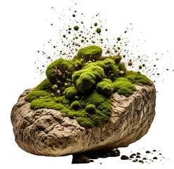 Mossy rock, exploding spores, studio, nature background, terrarium