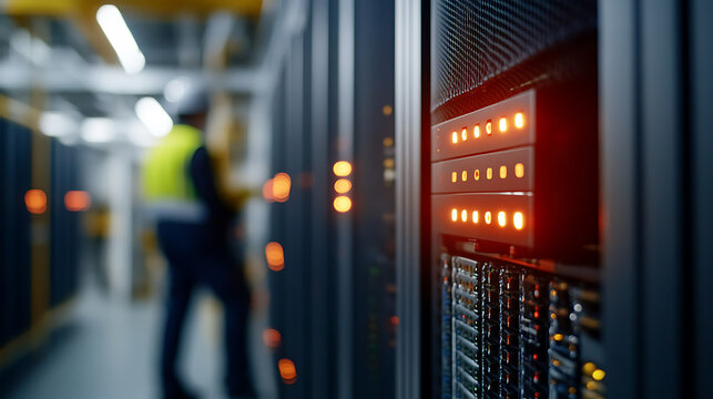 Server room with blinking lights indicates activity and ongoing maintenance. Data center technician is in the background.
