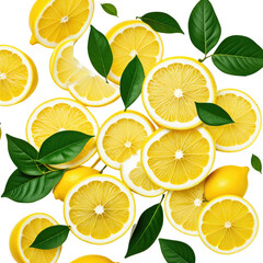 Sliced lemons, leaves, falling, studio, food background
