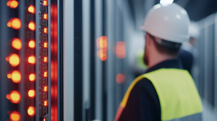 Data center engineer inspecting server racks with blinking lights. Focus on the illuminated equipment for maintenance in a secure server room.