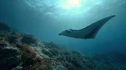 Fototapeta premium A manta ray glides above a vibrant coral reef in the crystal-clear depths of a remote island in the heart of the vast ocean