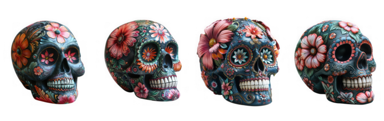 Four sugar skulls adorned with vibrant floral designs, each skull showcasing a unique arrangement of flowers, isolated on transparent background, celebrating day of the dead