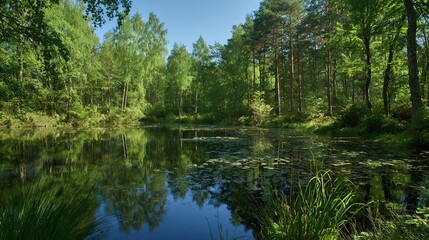 Obraz premium Lots of trees surround a lush green forest's body of water, adorned with water lilies