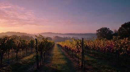 Obraz premium The sun sets over a vineyard in the foreground, while a foggy sky dominates the background