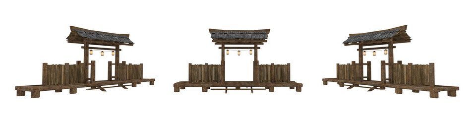 Isolated 3D rendered illustration of an old japanese wooden gateway from 3 angles.