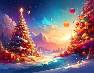 Festive winter wonderland scene with Christmas tree