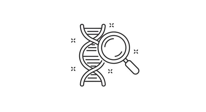Magnifying glass over DNA helix, representing genetic research and scientific discovery in biology