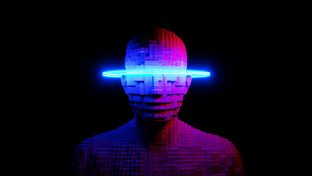 Abstract pixelated figure with glowing blue ring head
