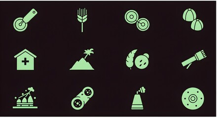 Vibrant neon green outline icons set, glowing on a dark background. Diverse collection of symbols representing food, nature, industry, and health, ideal for digital projects