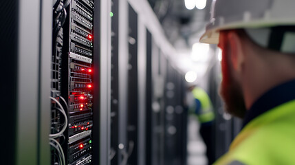Server room maintenance: engineer in hard hat inspecting servers with blinking lights, performing checks and maintenance in a controlled data center.