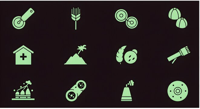 Vibrant neon green outline icons set, glowing on a dark background. Diverse collection of symbols representing food, nature, industry, and health, ideal for digital projects - Powered by Adobe